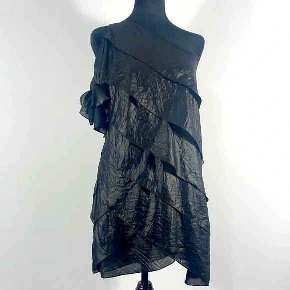 BCBG Maxazaria XS Black One Shoulder, tiered, 6 tier ruffle dress - Picture 1 of 10